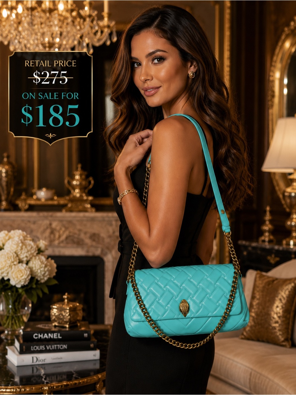 Kurt Geiger Quilted Turquoise Shoulder Bag with Chain comes with dust bag